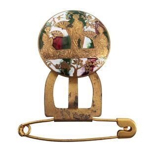 Antique 1905 Patented Satsuma Earthenware Button Brooch Japanese Meiji Sash Pin